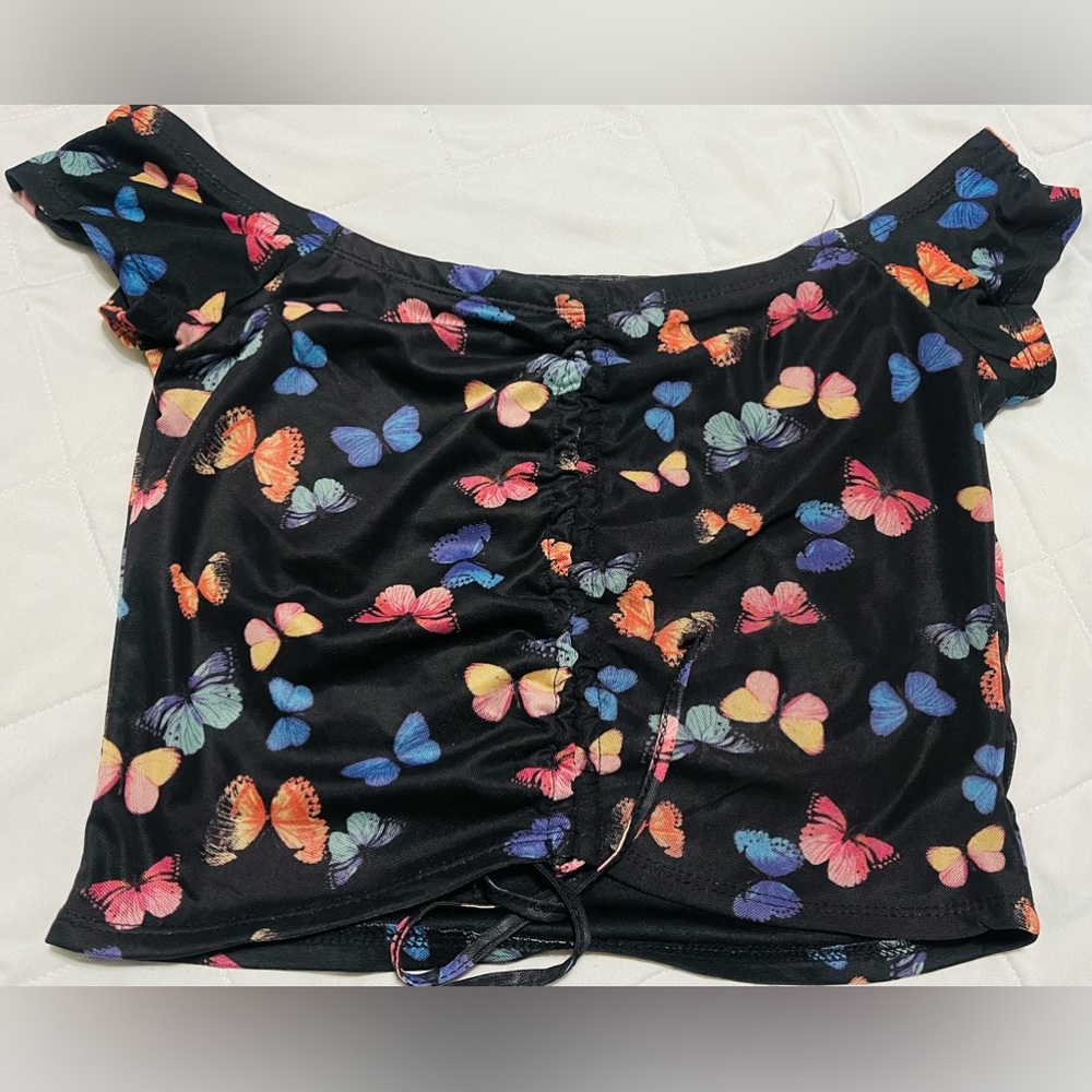 New 90s Butterfly Crop Top Off The Shoulders Faded Rose Women’s Large Swim Shirt